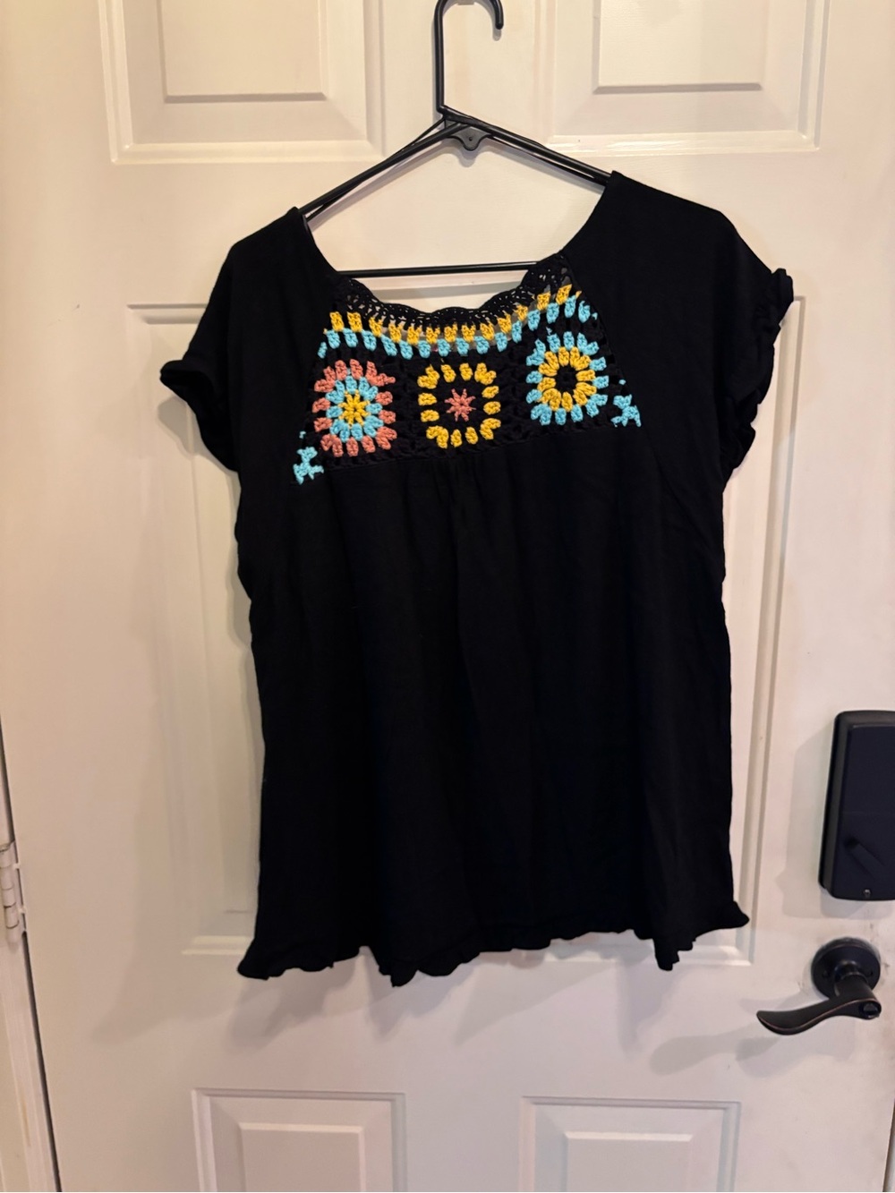 Anthropologie Umgee Black Crochet Square Patch Short Sleeve Top - Picture 5 of 5